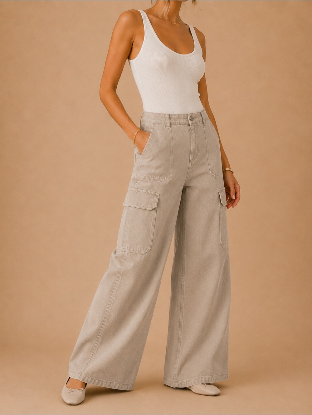Zara Khaki Y2K Lightweight Denim Wide Leg High Waist Carpenter Cargo Pants Sz 6